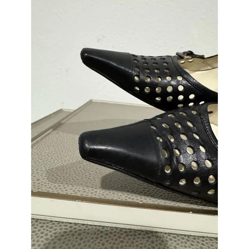 PRADA Y2K Pumps Heel Leather Black Point Toe Cutout Sz 37.5 / 7.5
